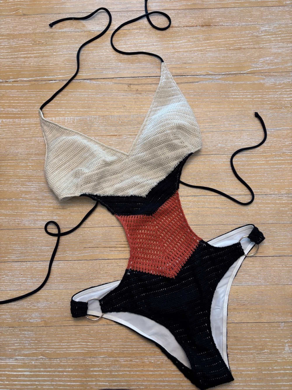 Victoria's Secret Crochet One-Piece Swimsuit in Cream, Black & Rust